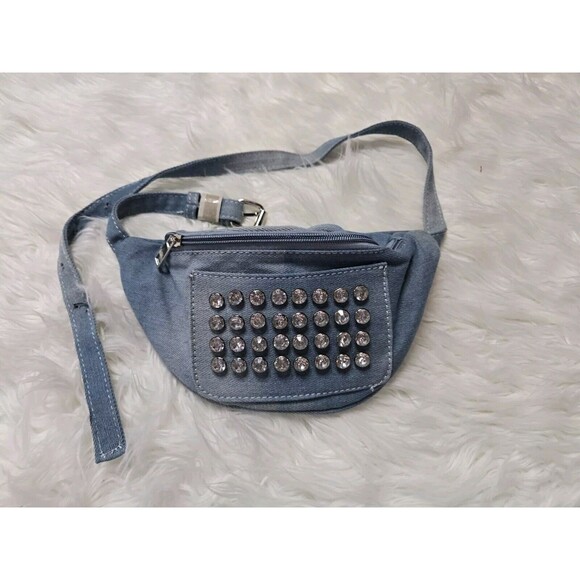 Jean Rhinestone Blue Denim Zip Fanny Pack - Picture 1 of 5